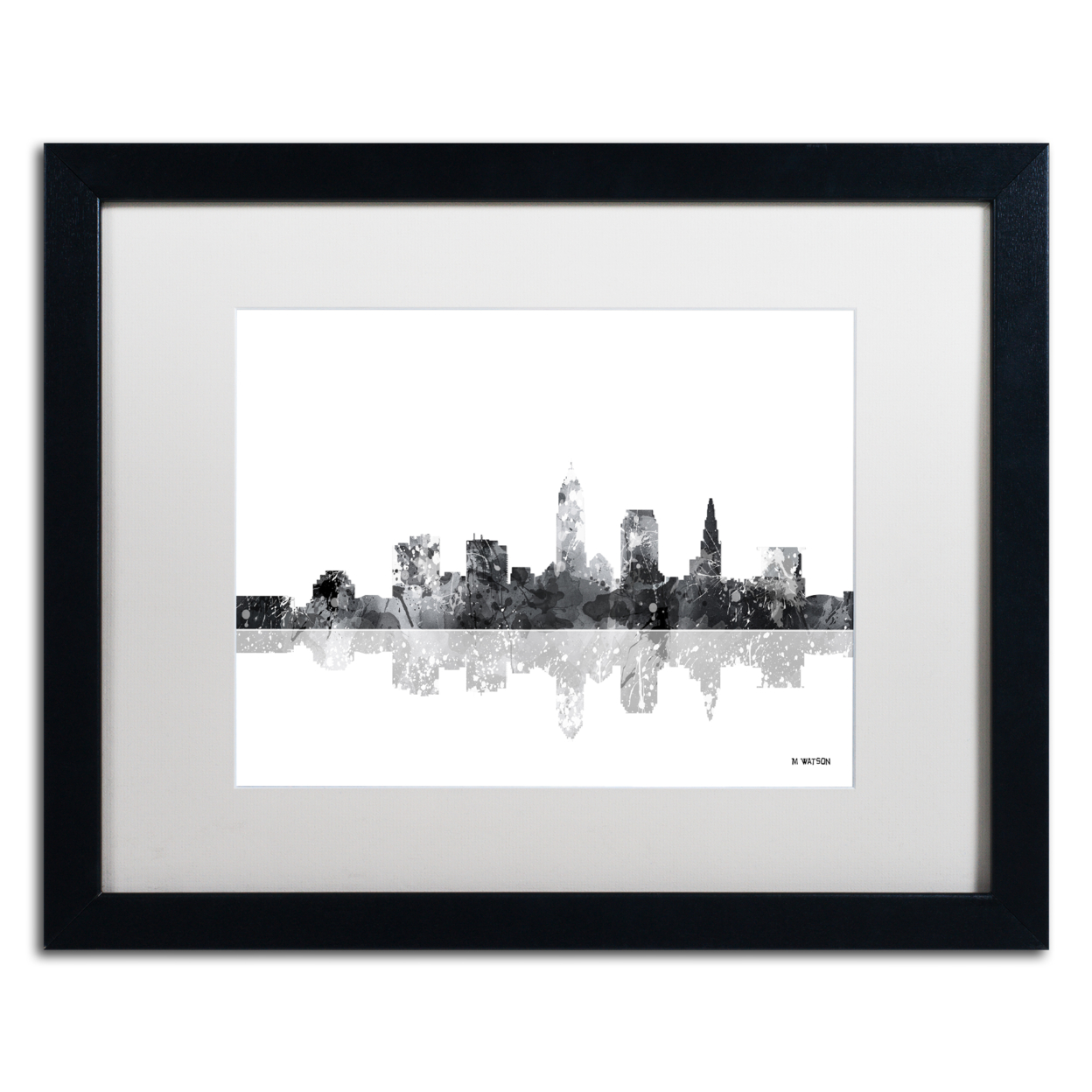 Marlene Watson 'Cleveland Ohio Skyline BG-1' Black Wooden Framed Art 18 X 22 Inches