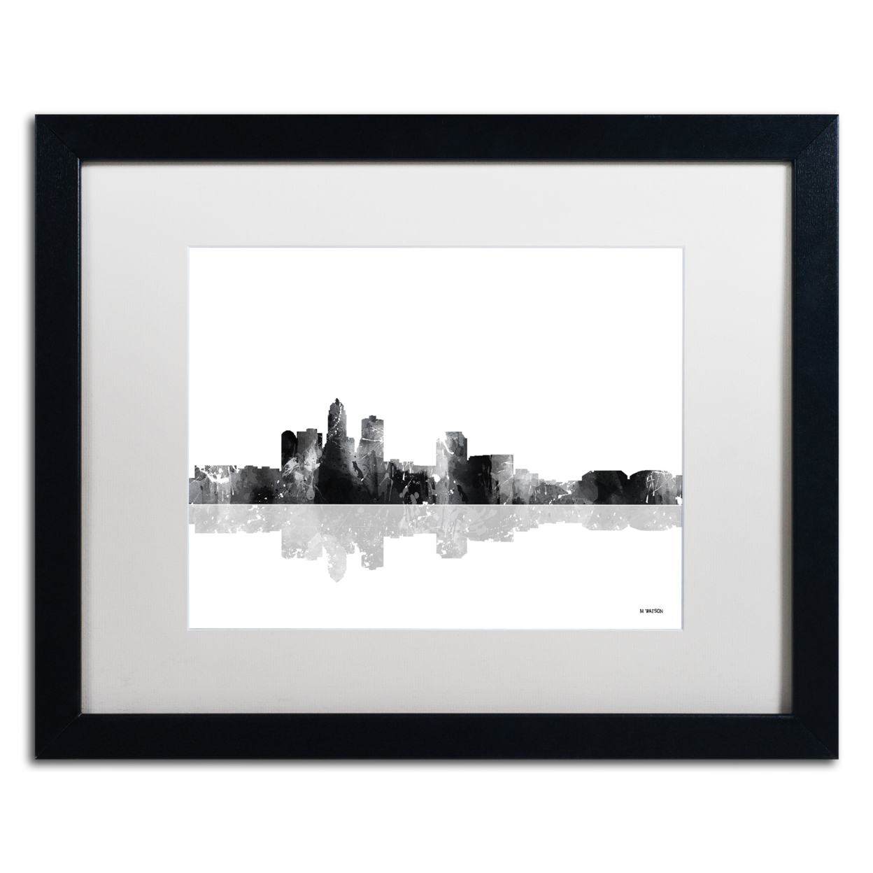 Marlene Watson 'Des Moines Iowa Skyline BG-1' Black Wooden Framed Art 18 X 22 Inches