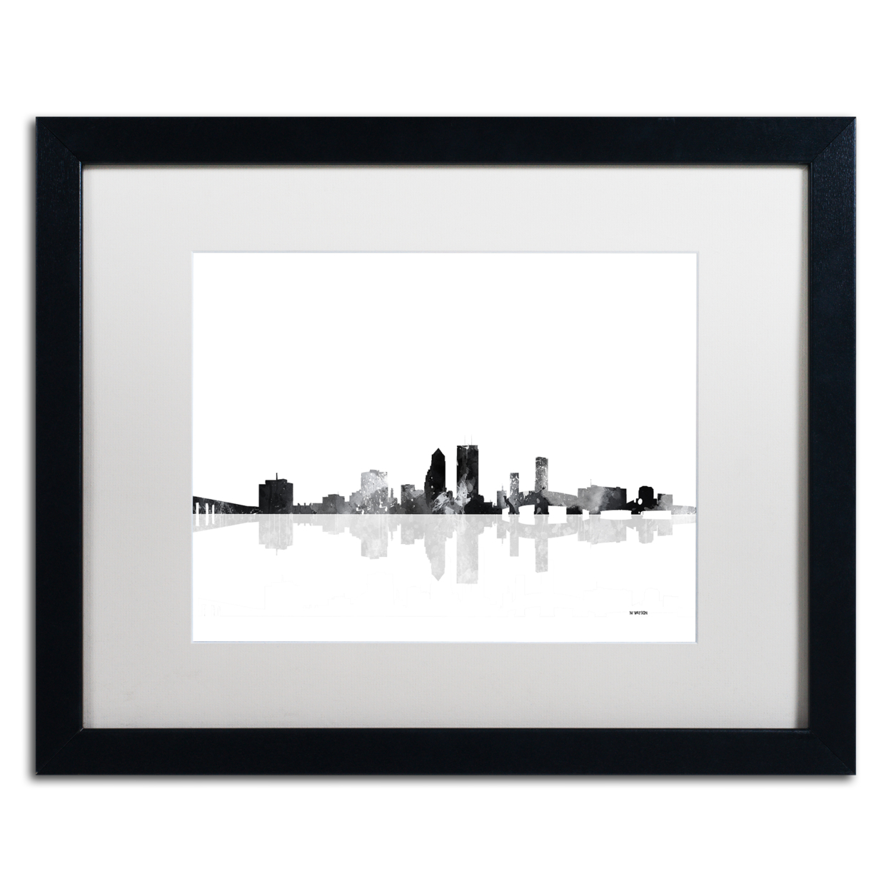 Marlene Watson 'Jacksonville Florida Skyline BG-1' Black Wooden Framed Art 18 X 22 Inches