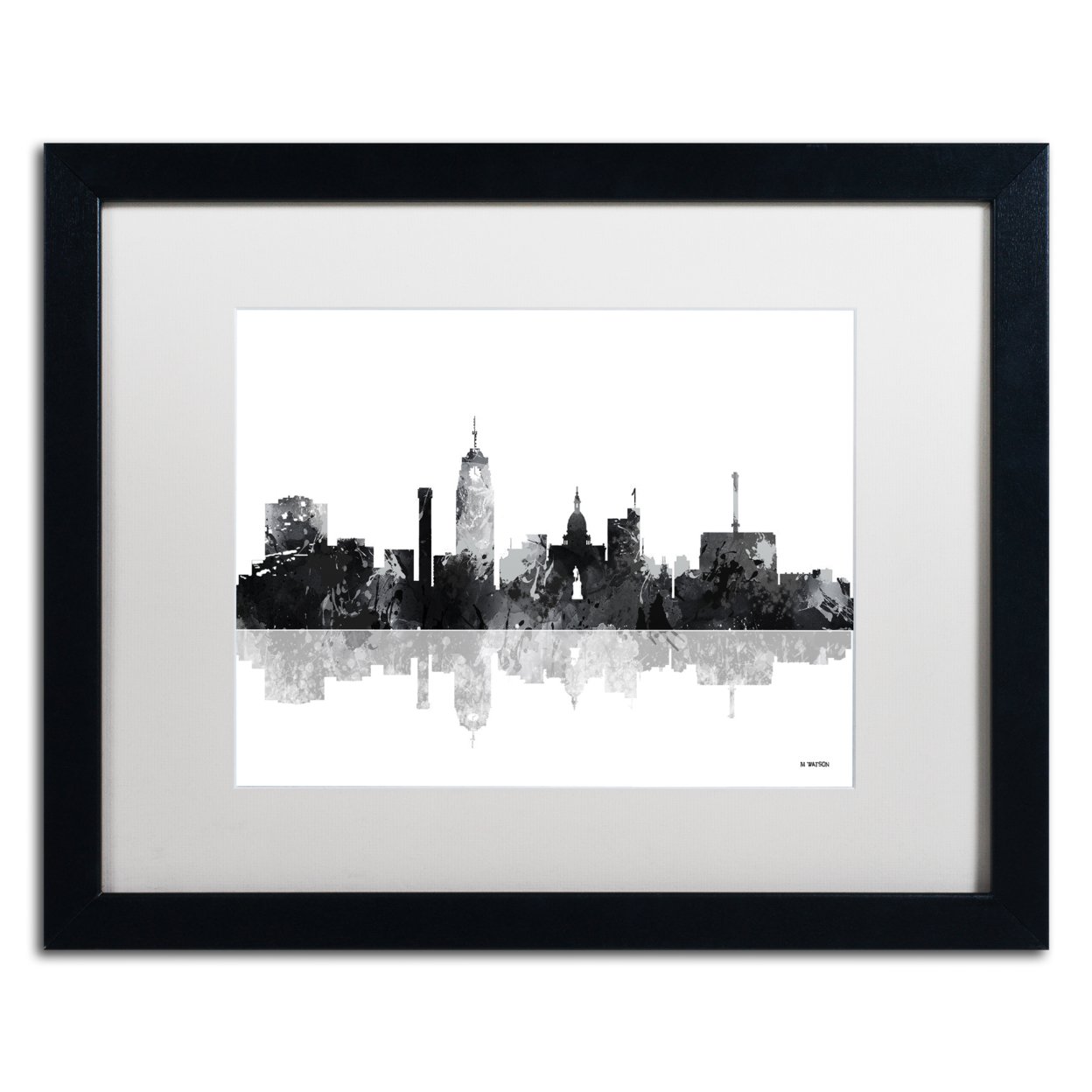 Marlene Watson 'Lansing Michigan Skyline BG-1' Black Wooden Framed Art 18 X 22 Inches