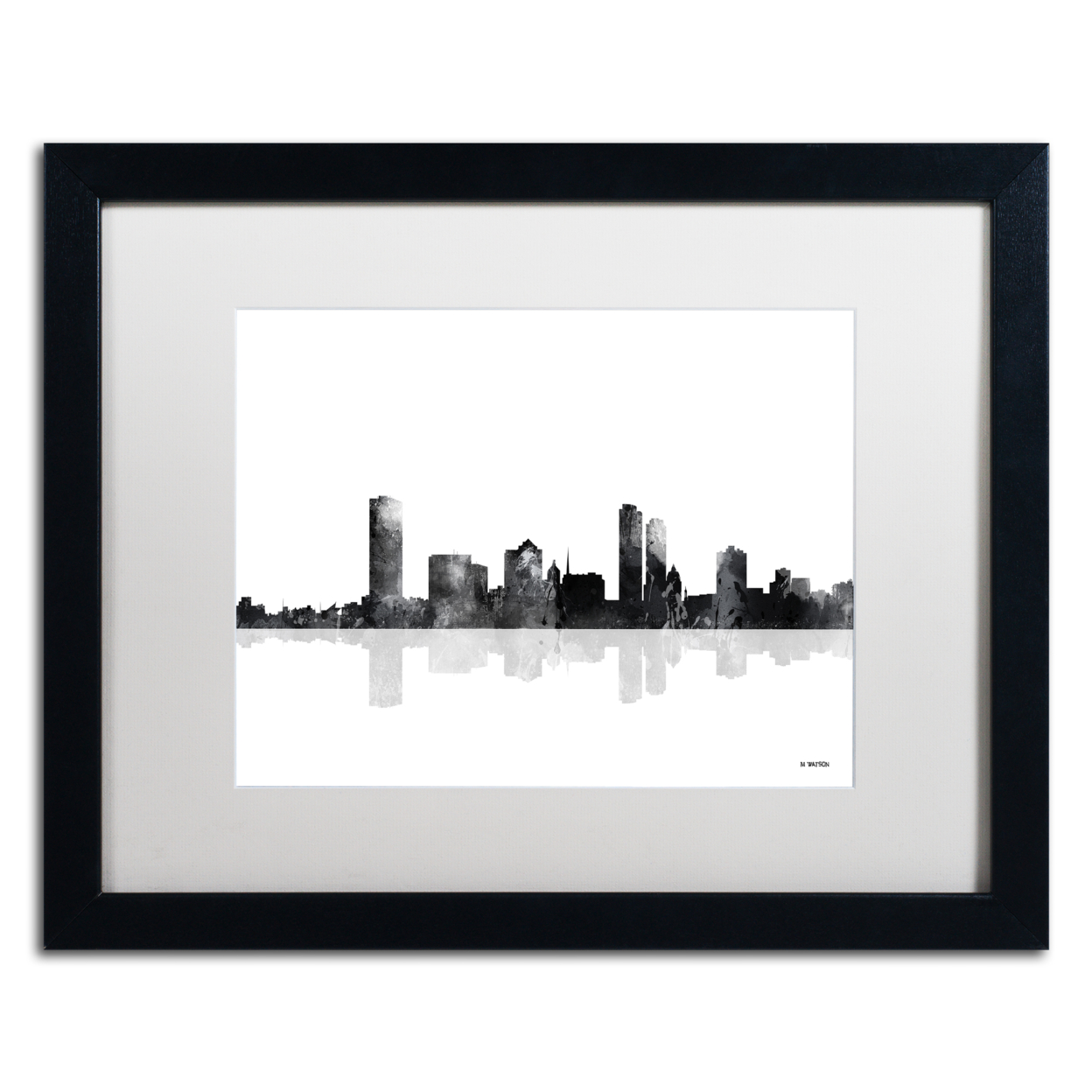 Marlene Watson 'Milwaukee Wisconsin Skyline BG-1' Black Wooden Framed Art 18 X 22 Inches