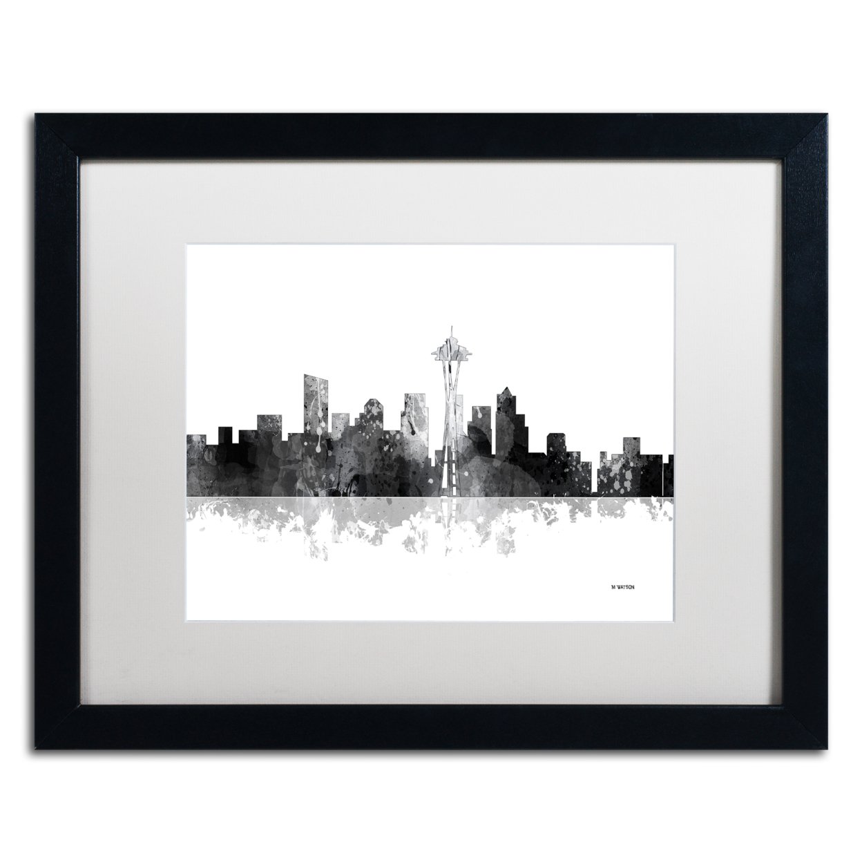 Marlene Watson 'Seattle Washington Skyline BG-1' Black Wooden Framed Art 18 X 22 Inches