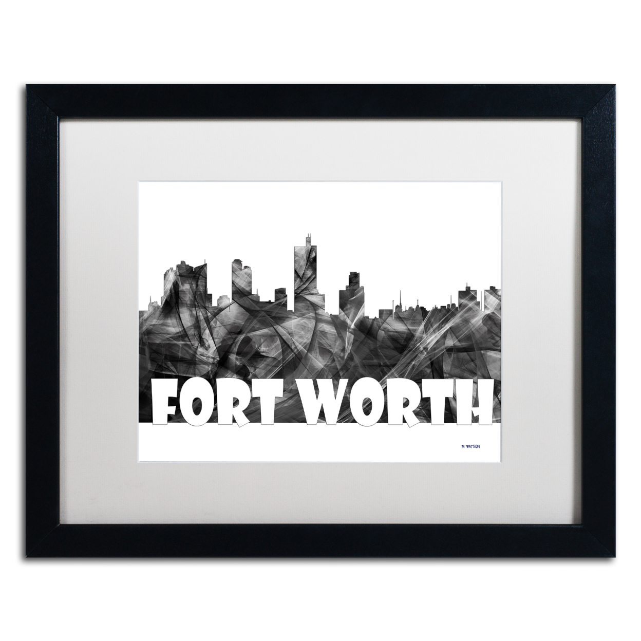 Marlene Watson 'Fort Worth Texas Skyline BG-2' Black Wooden Framed Art 18 X 22 Inches