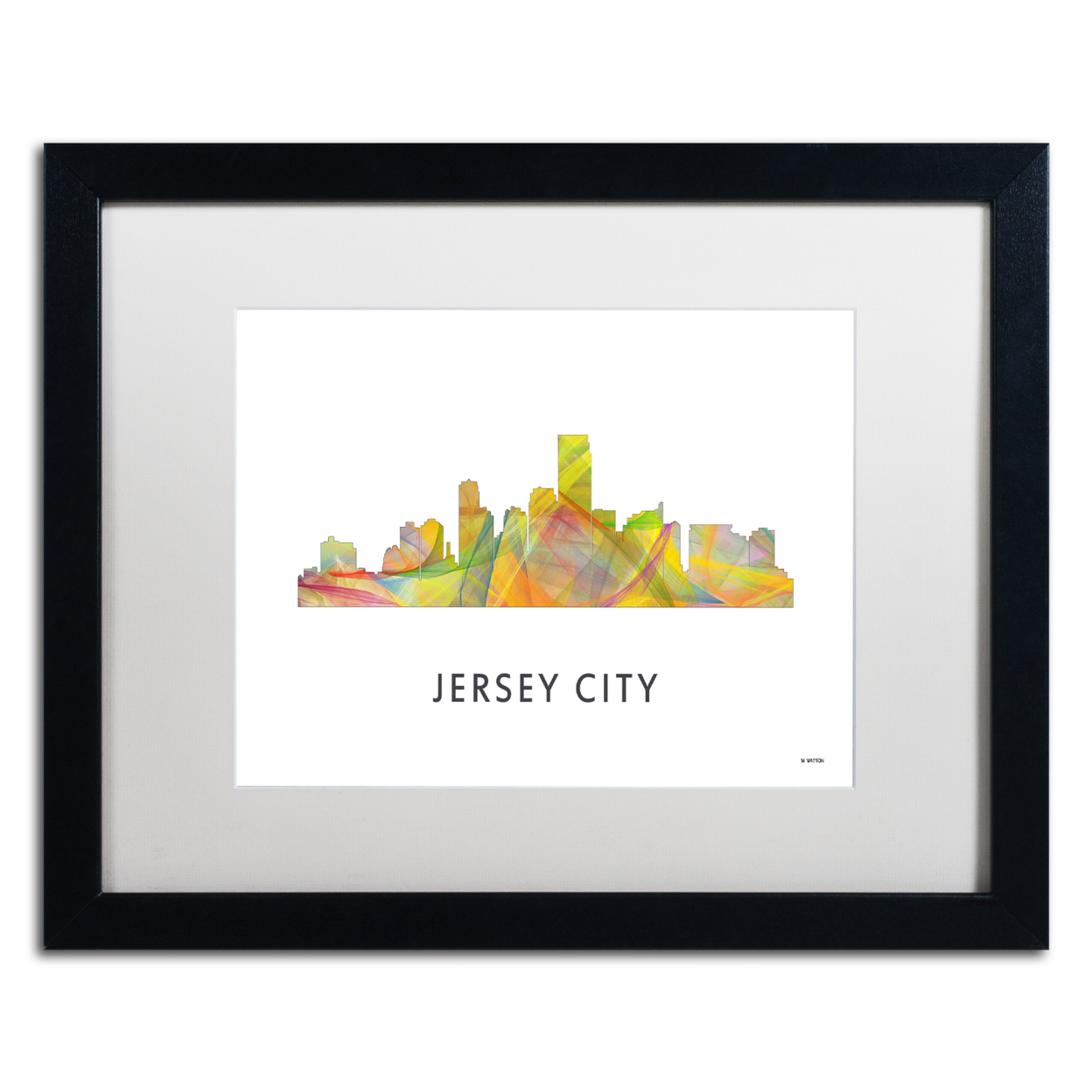 Marlene Watson 'Jersey City NJ Skyline WB-1' Black Wooden Framed Art 18 X 22 Inches