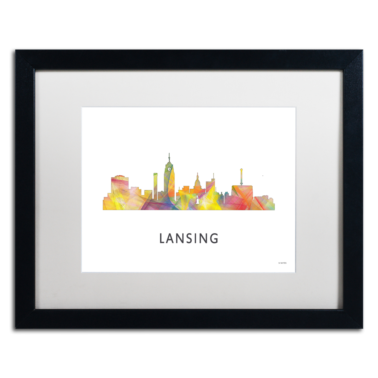 Marlene Watson 'Lansing Michigan Skyline WB-1' Black Wooden Framed Art 18 X 22 Inches
