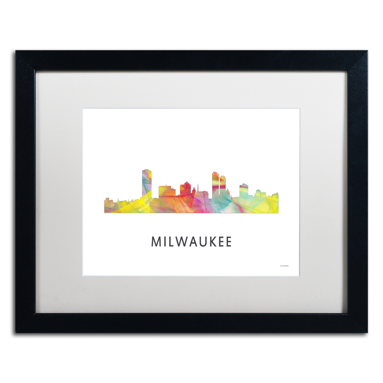 Marlene Watson 'Milwaukee Wisconsin Skyline WB-1' Black Wooden Framed Art 18 X 22 Inches