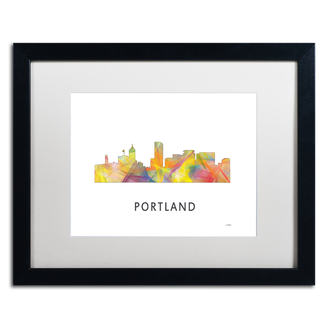 Marlene Watson 'Portland Oregon Skyline WB-1' Black Wooden Framed Art 18 X 22 Inches