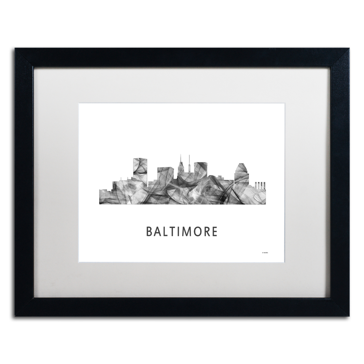 Marlene Watson 'Baltimore Maryland Skyline WB-BW' Black Wooden Framed Art 18 X 22 Inches