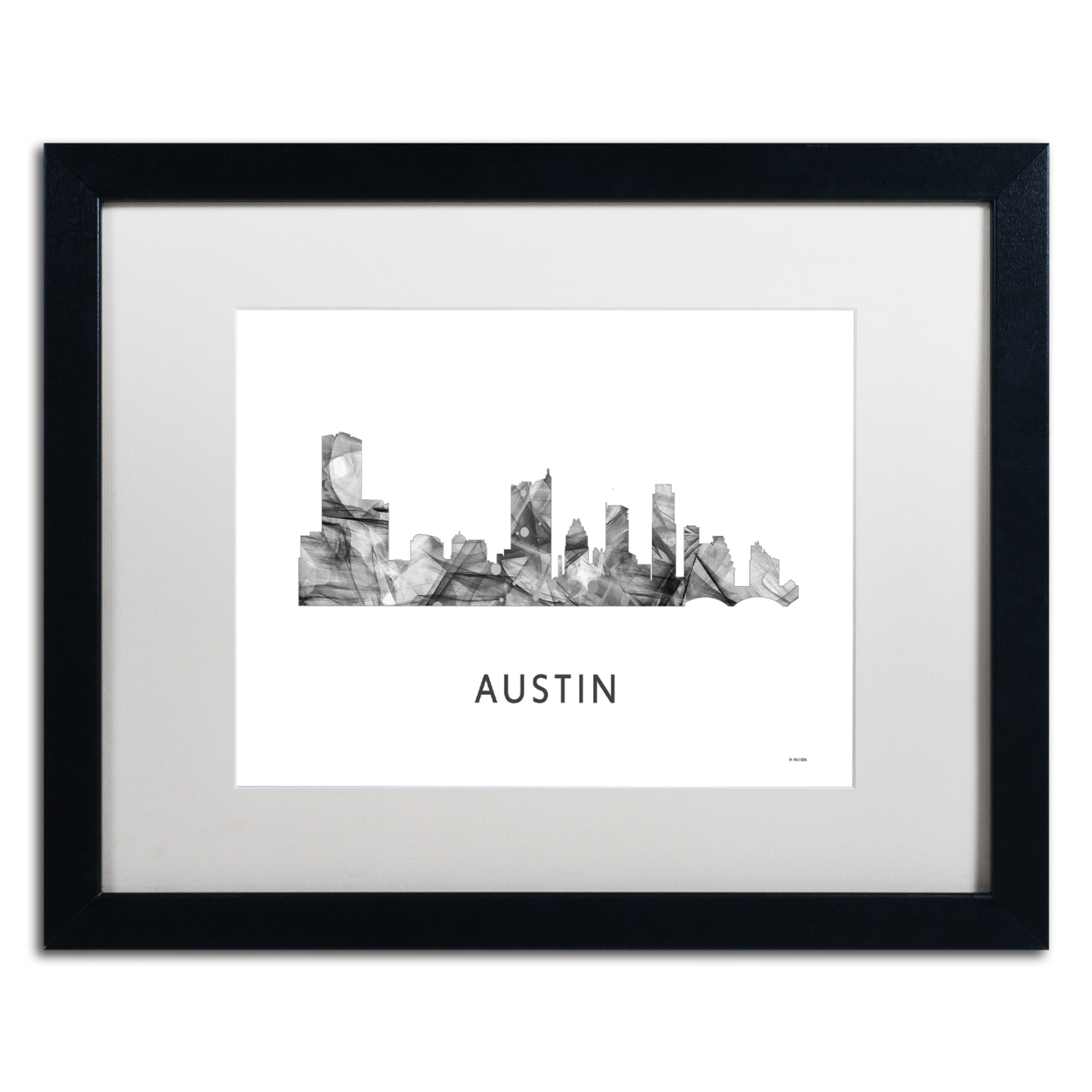 Marlene Watson 'Austin Texas Skyline WB-BW' Black Wooden Framed Art 18 X 22 Inches