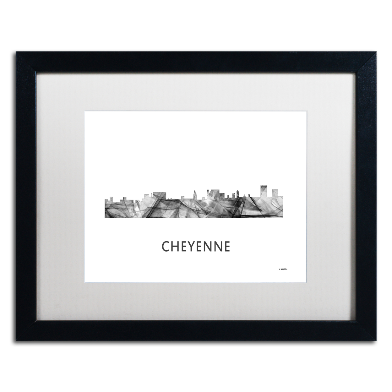 Marlene Watson 'Cheyenne Wyoming Skyline WB-BW' Black Wooden Framed Art 18 X 22 Inches