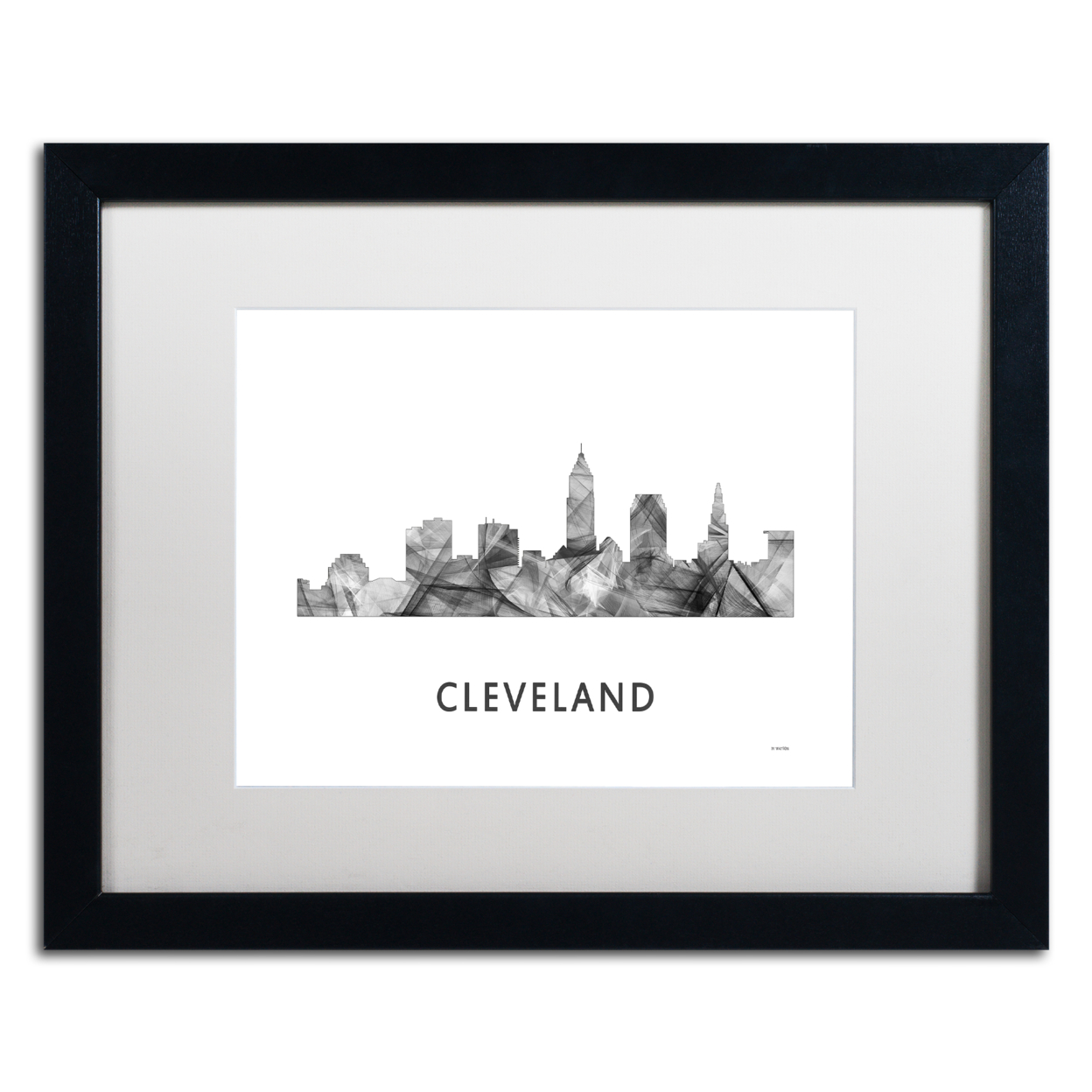Marlene Watson 'Cleveland Ohio Skyline WB-BW' Black Wooden Framed Art 18 X 22 Inches