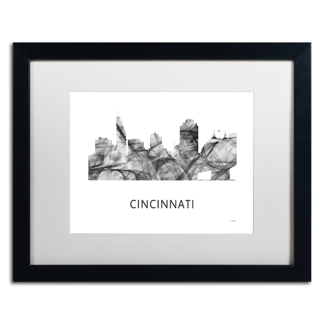 Marlene Watson 'Cincinnati Ohio Skyline WB-BW' Black Wooden Framed Art 18 X 22 Inches