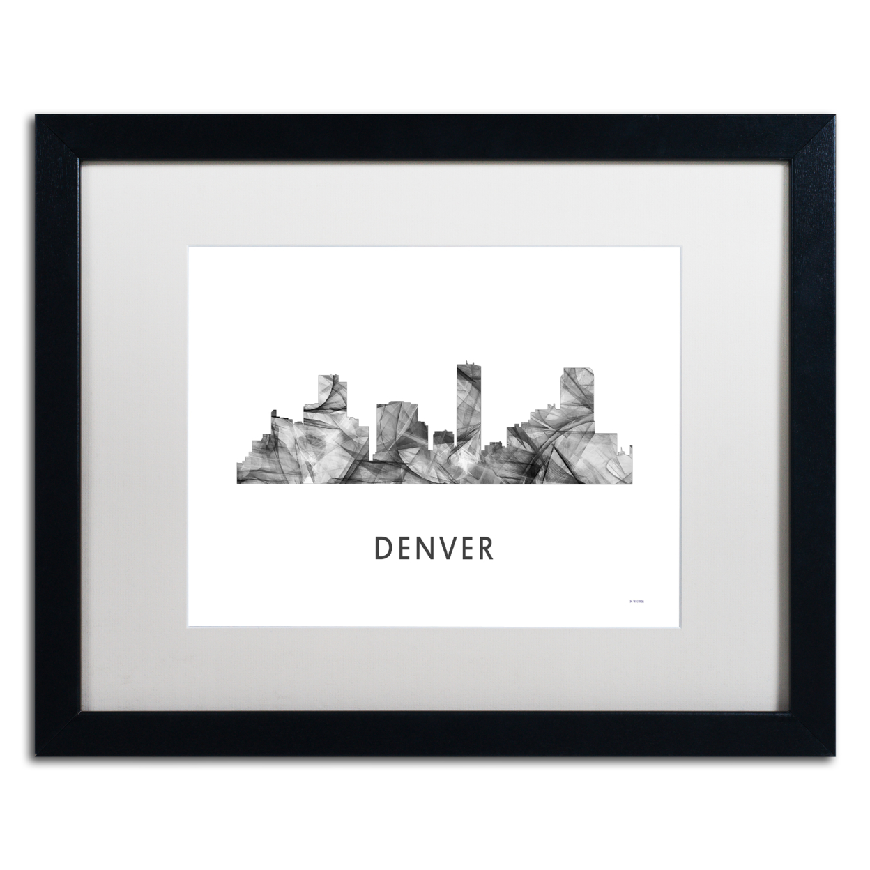 Marlene Watson 'Denver Colorado Skyline WB-BW' Black Wooden Framed Art 18 X 22 Inches