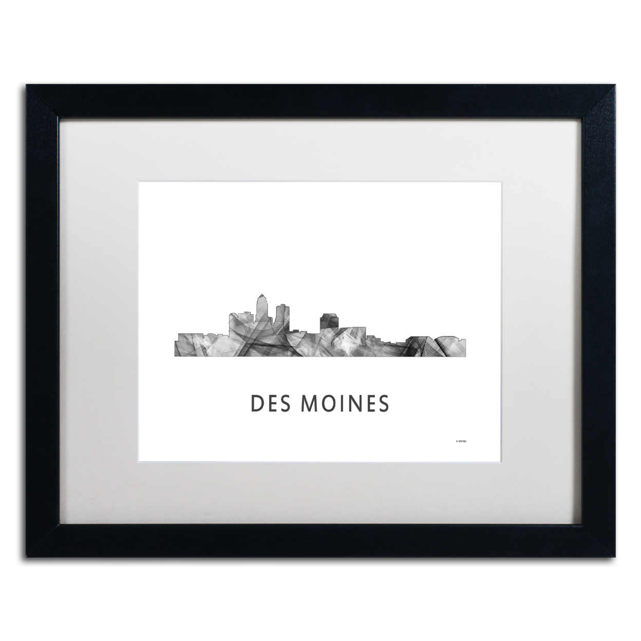 Marlene Watson 'Des Moines Iowa Skyline WB-BW' Black Wooden Framed Art 18 X 22 Inches