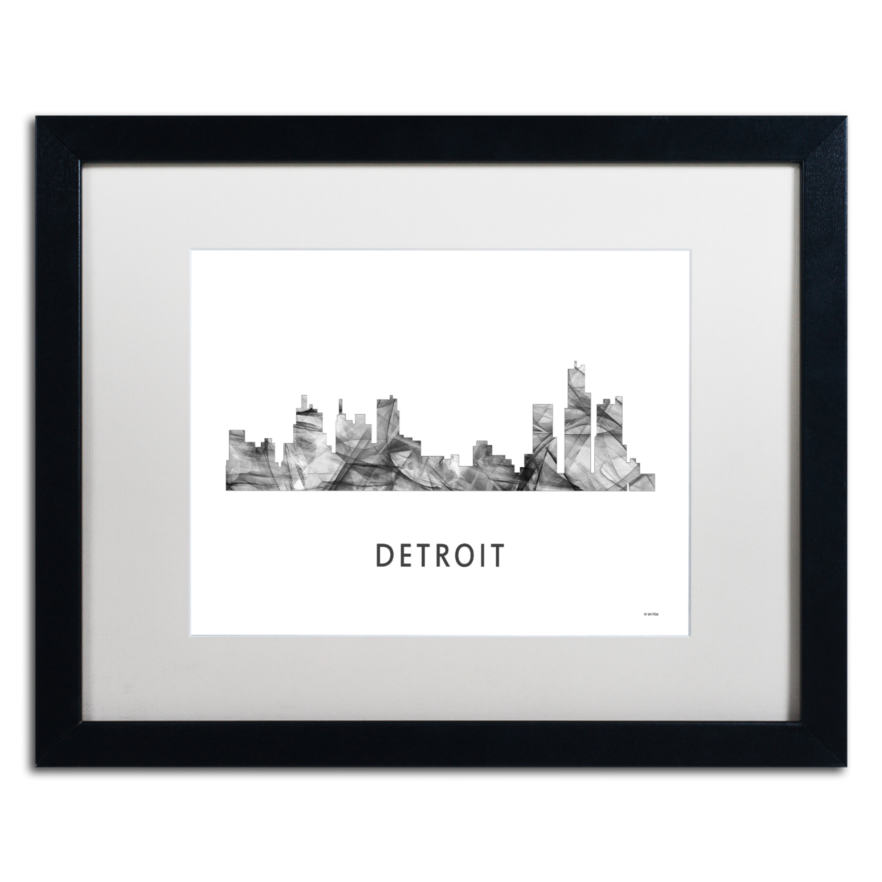 Marlene Watson 'Detroit Michigan Skyline WB-BW' Black Wooden Framed Art 18 X 22 Inches
