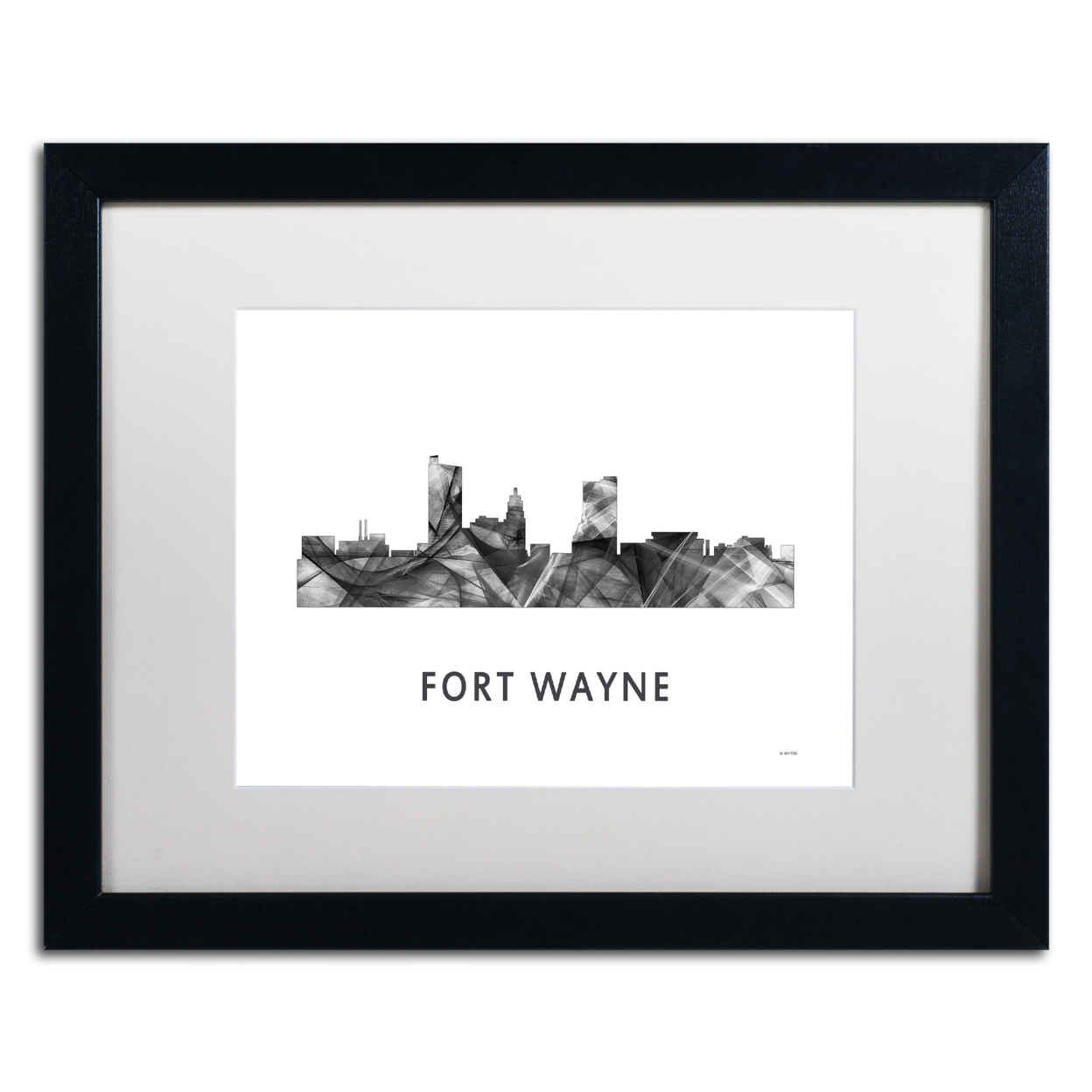 Marlene Watson 'Fort Wayne Indiana Skyline WB-BW' Black Wooden Framed Art 18 X 22 Inches