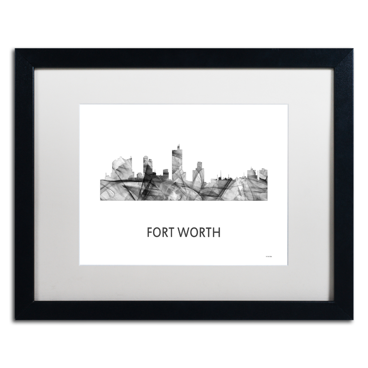 Marlene Watson 'Fort Worth Texas Skyline WB-BW' Black Wooden Framed Art 18 X 22 Inches