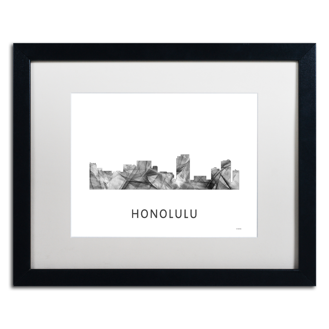 Marlene Watson 'Honolulu Hawaii Skyline WB-BW' Black Wooden Framed Art 18 X 22 Inches