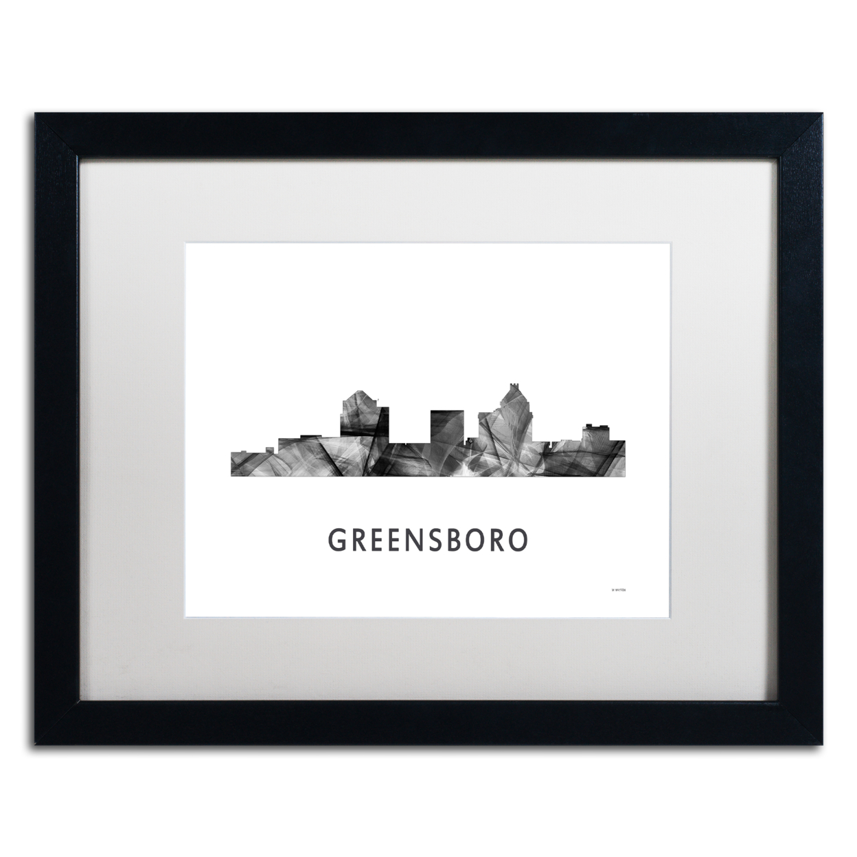 Marlene Watson 'Greensboro NC Skyline WB-BW' Black Wooden Framed Art 18 X 22 Inches