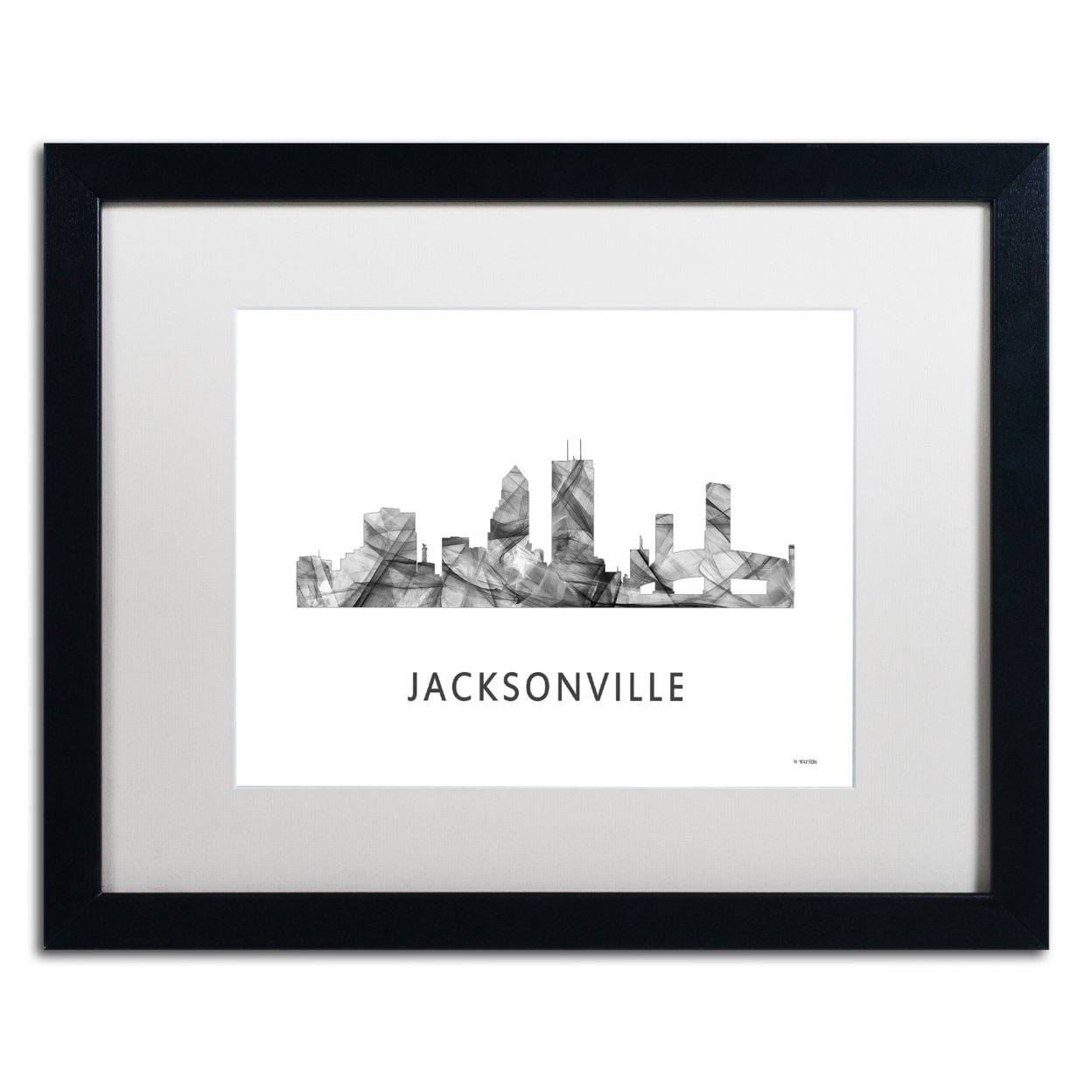 Marlene Watson 'Jacksonville Florida Skyline WB-BW' Black Wooden Framed Art 18 X 22 Inches