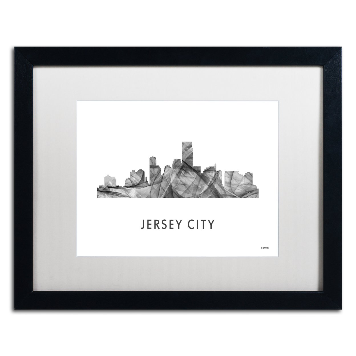 Marlene Watson 'Jersey City NJ Skyline WB-BW' Black Wooden Framed Art 18 X 22 Inches