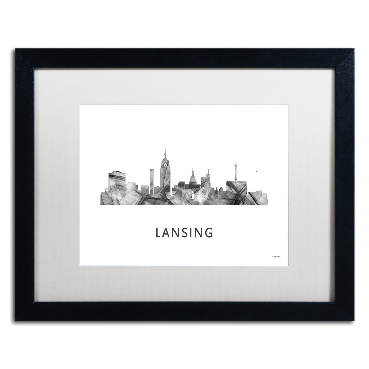 Marlene Watson 'Lansing Michigan Skyline WB-BW' Black Wooden Framed Art 18 X 22 Inches