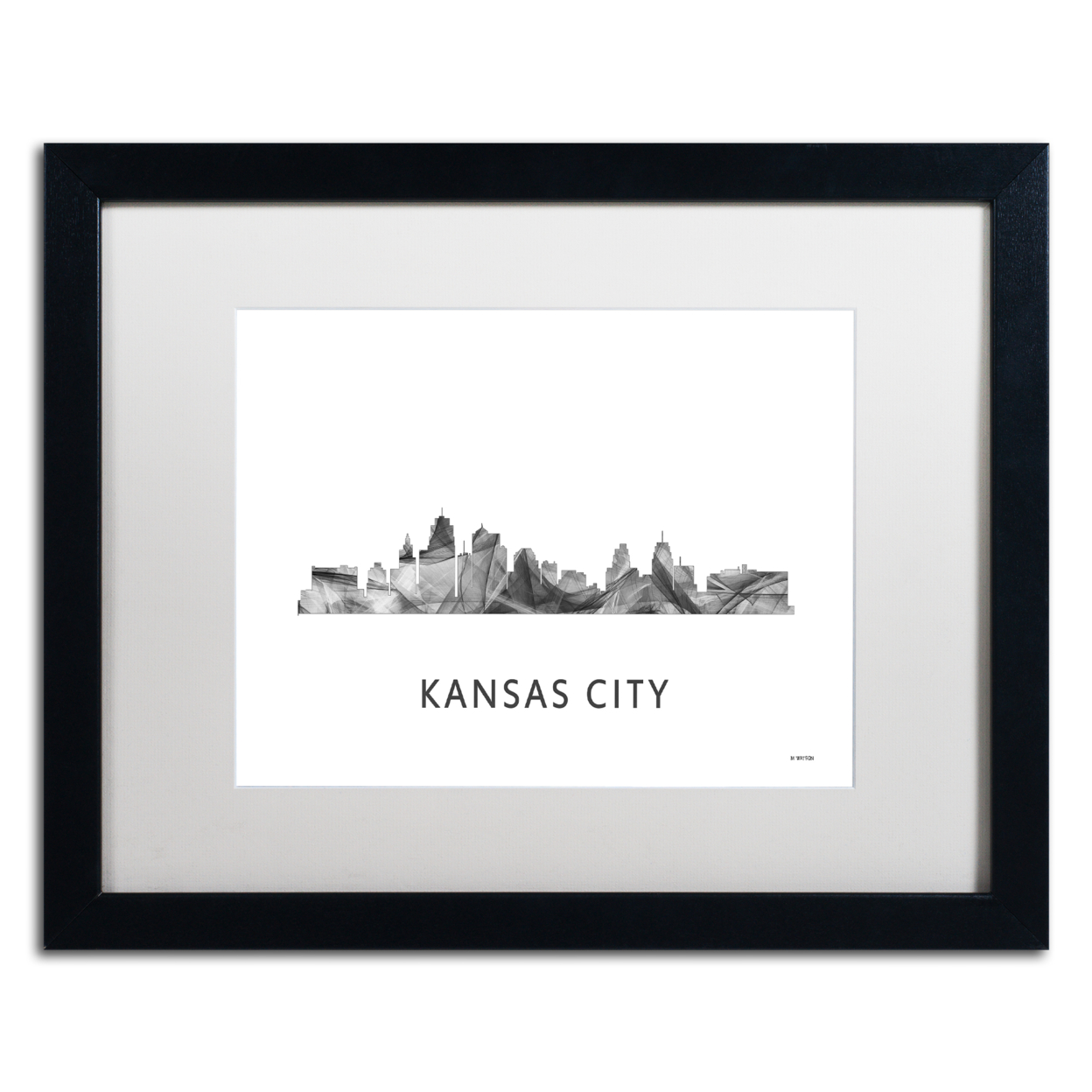 Marlene Watson 'Kansas City Missouri Skyline WB-BW' Black Wooden Framed Art 18 X 22 Inches