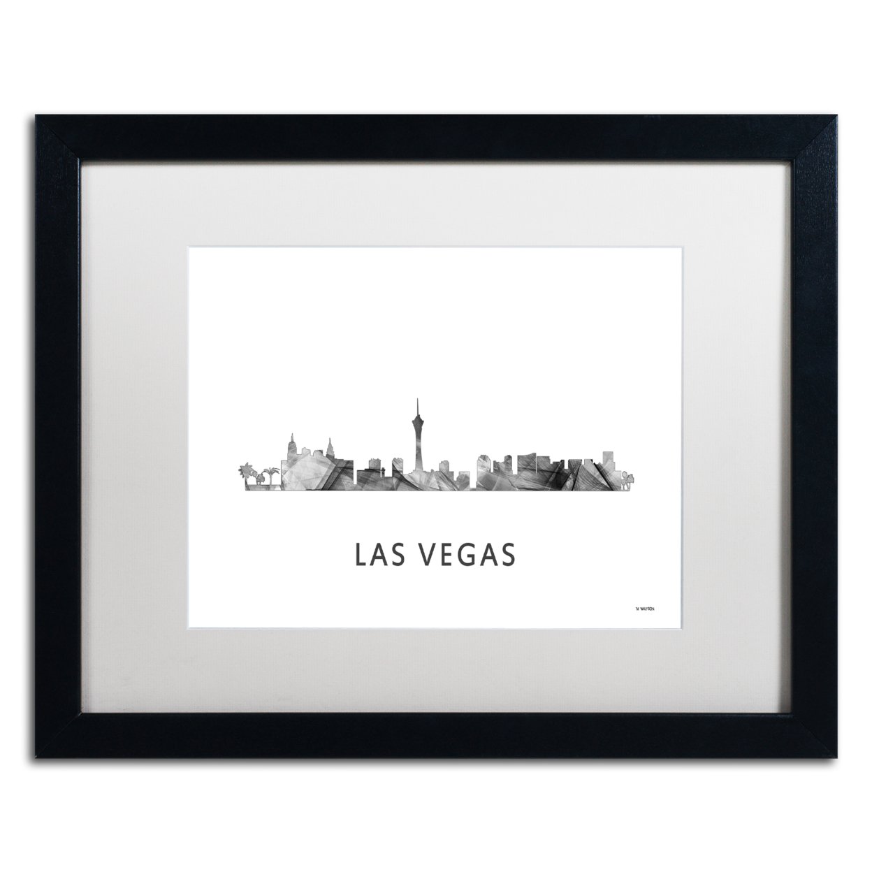 Marlene Watson 'Las Vegas Nevada Skyline WB-BW' Black Wooden Framed Art 18 X 22 Inches