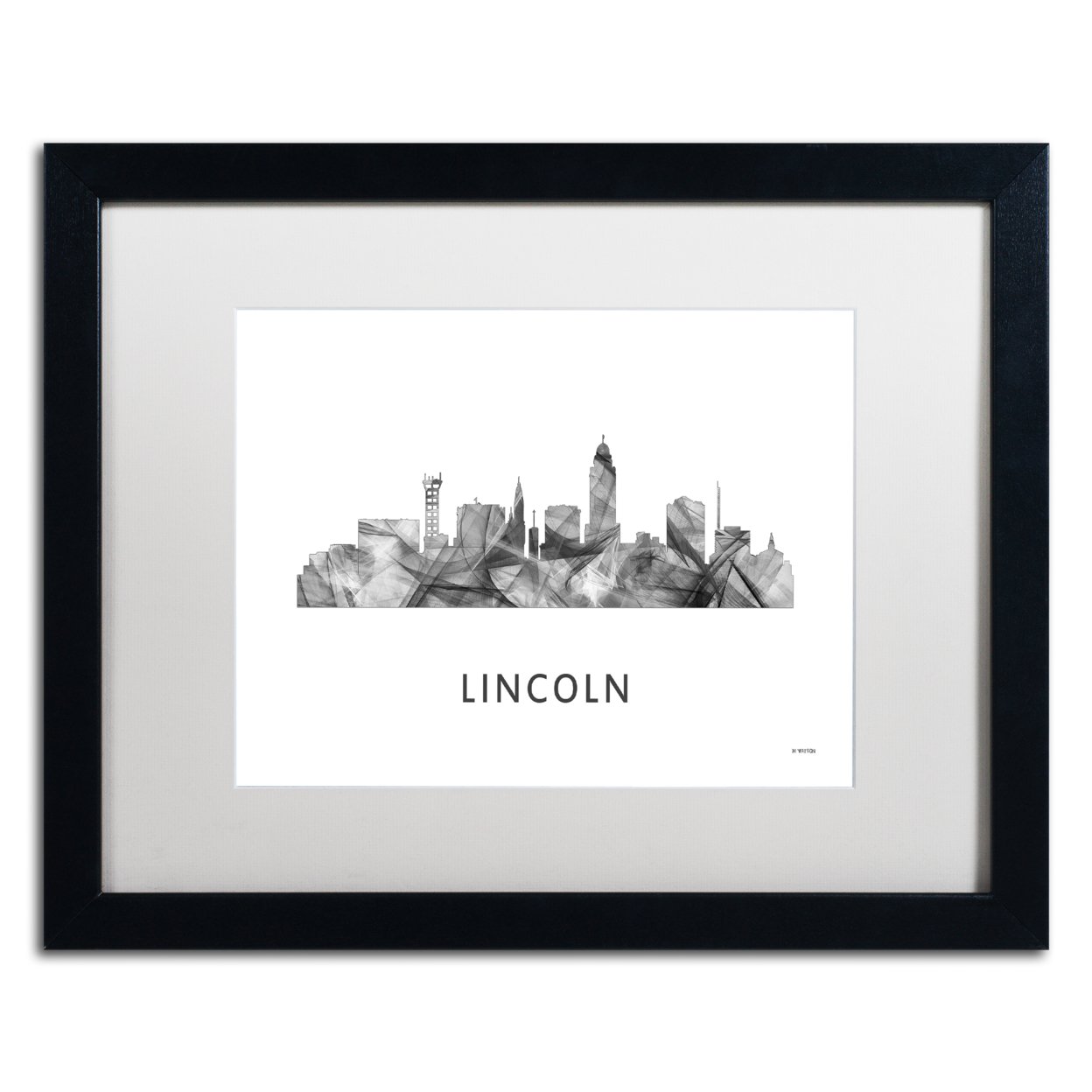 Marlene Watson 'Lincoln Nebraska Skyline WB-BW' Black Wooden Framed Art 18 X 22 Inches