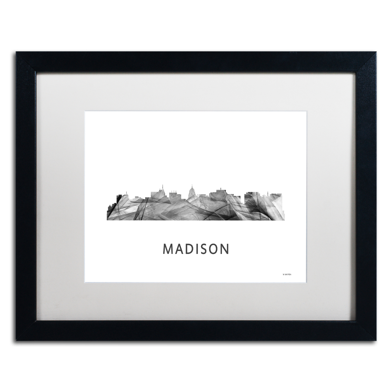 Marlene Watson 'Madison Wisconsin Skyline WB-BW' Black Wooden Framed Art 18 X 22 Inches