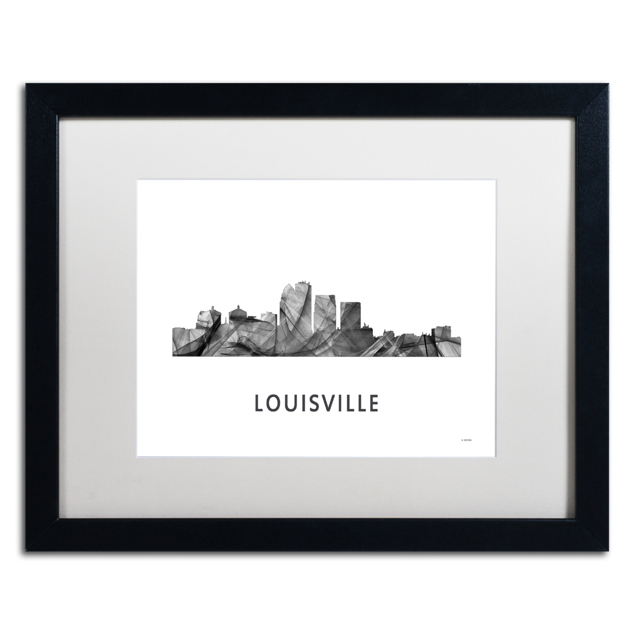 Marlene Watson 'Louisville Kentucky Skyline WB-BW' Black Wooden Framed Art 18 X 22 Inches