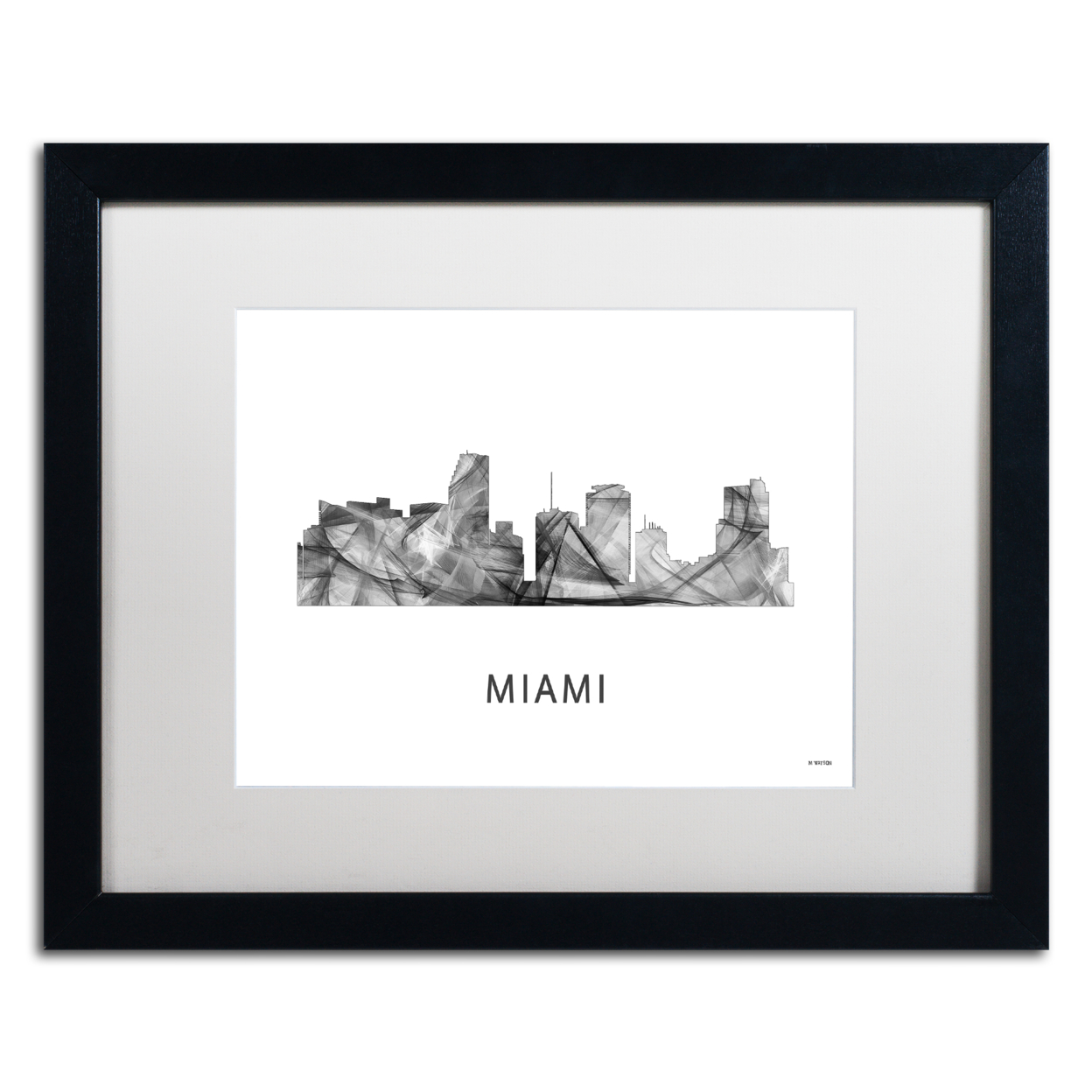Marlene Watson 'Miami Florida Skyline WB-BW' Black Wooden Framed Art 18 X 22 Inches