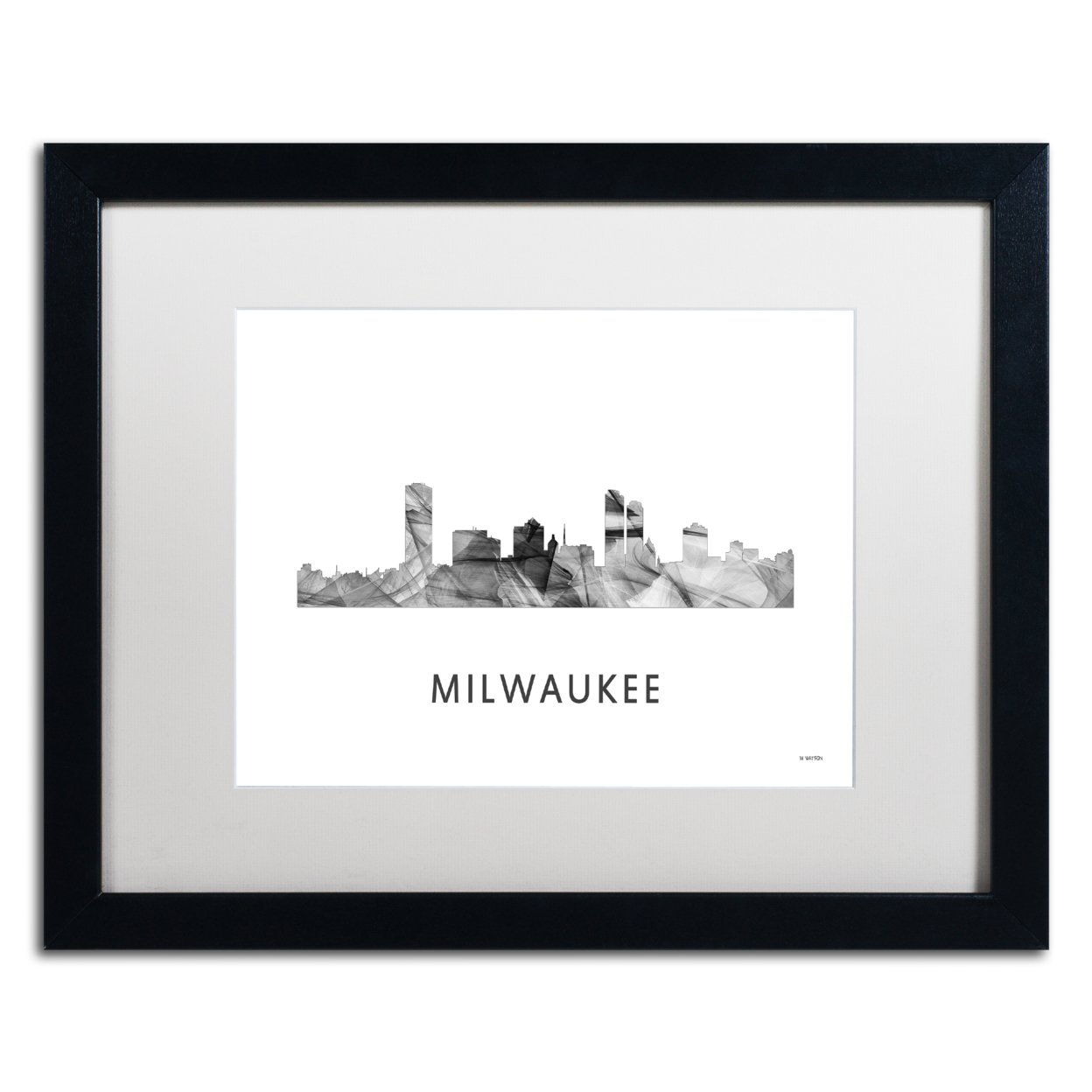 Marlene Watson 'Milwaukee Wisconsin Skyline WB-BW' Black Wooden Framed Art 18 X 22 Inches