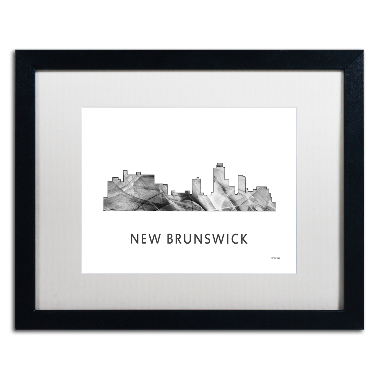 Marlene Watson 'New Brunswick NJ Skyline WB-BW' Black Wooden Framed Art 18 X 22 Inches
