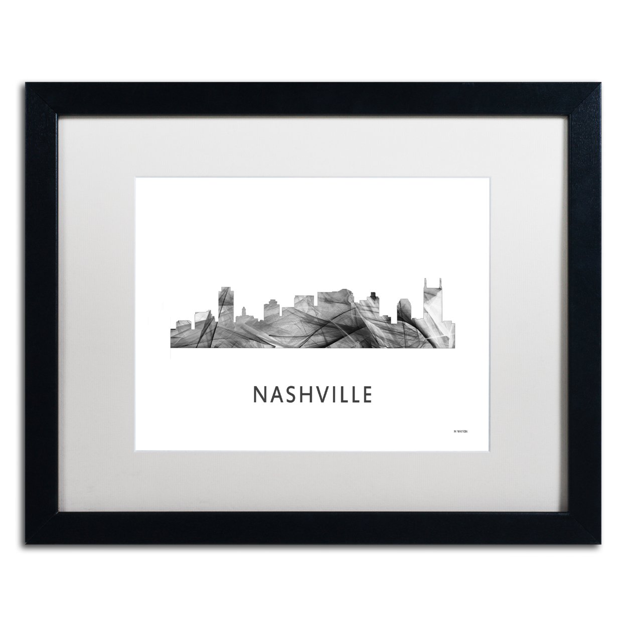 Marlene Watson 'Nashville Tennessee Skyline WB-BW' Black Wooden Framed Art 18 X 22 Inches