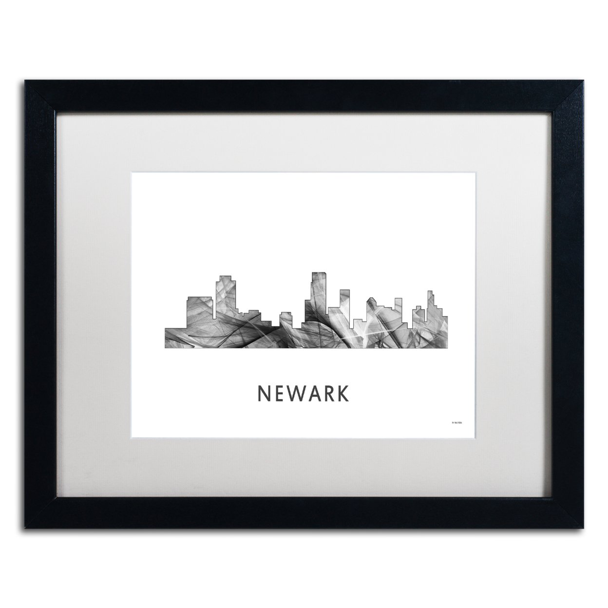 Marlene Watson 'Newark New Jersey Skyline WB-BW' Black Wooden Framed Art 18 X 22 Inches
