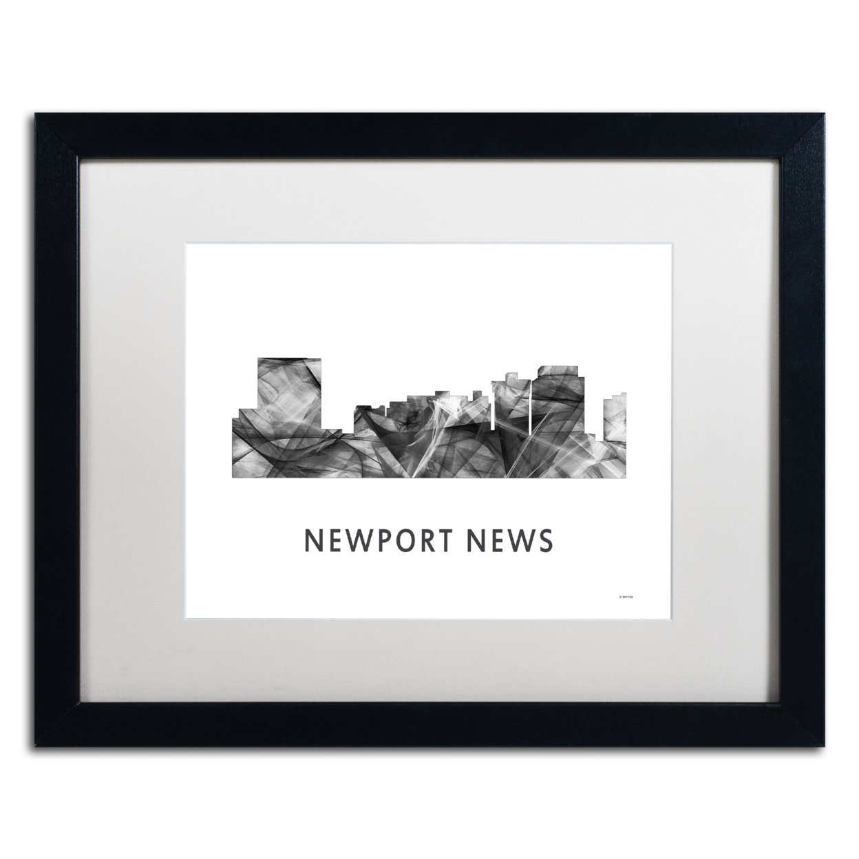 Marlene Watson 'Newport News VA Skyline WB-BW' Black Wooden Framed Art 18 X 22 Inches