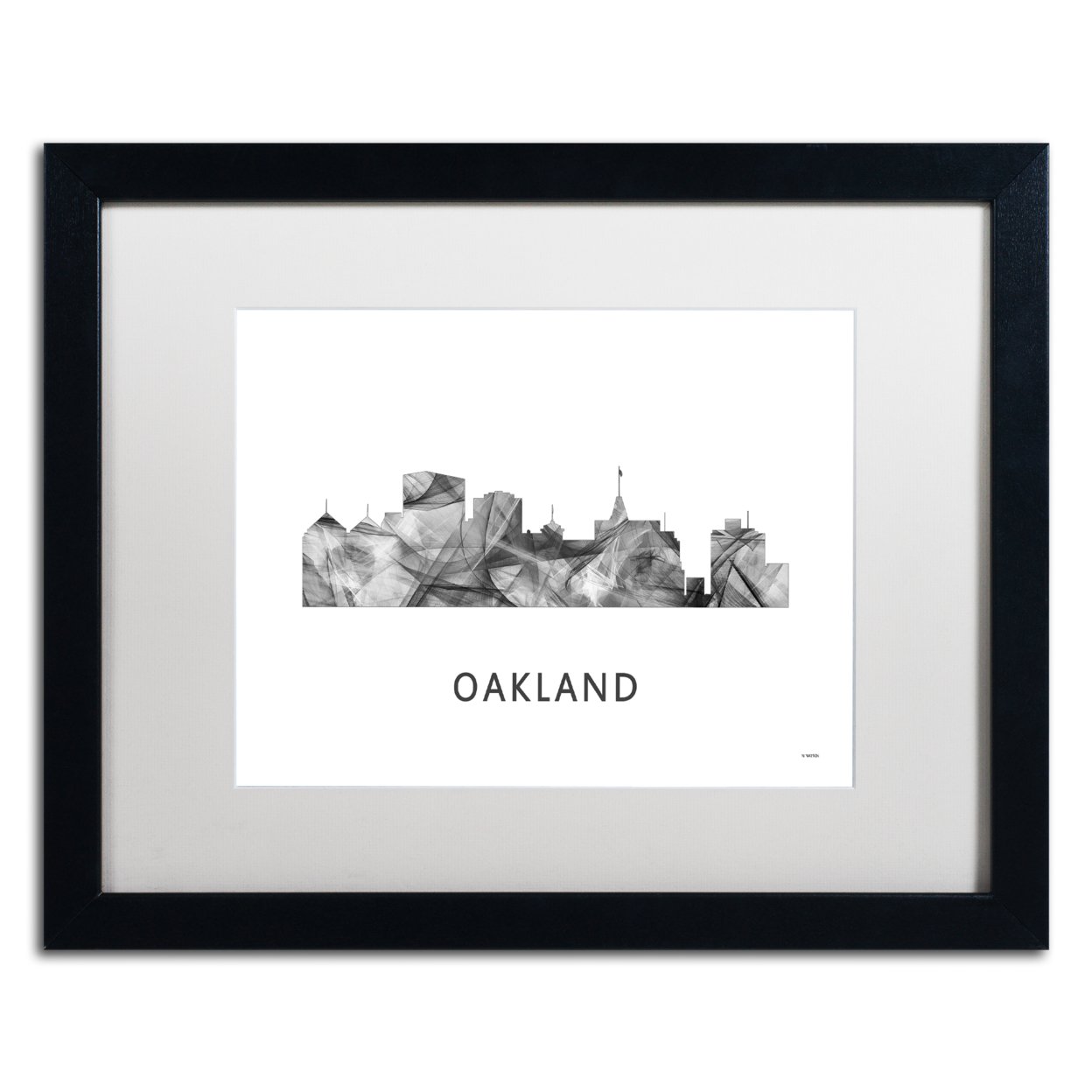 Marlene Watson 'Oakland California Skyline WB-BW' Black Wooden Framed Art 18 X 22 Inches