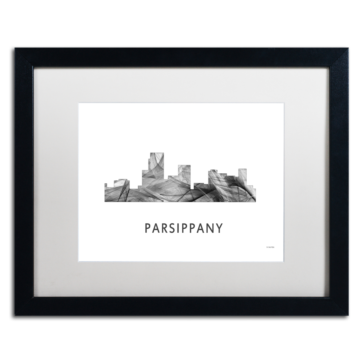 Marlene Watson 'Parsippany NJ Skyline WB-BW' Black Wooden Framed Art 18 X 22 Inches