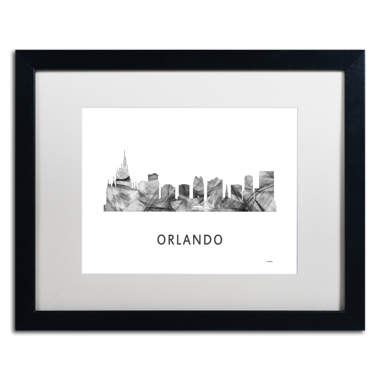 Marlene Watson 'Orlando Florida Skyline WB-BW' Black Wooden Framed Art 18 X 22 Inches