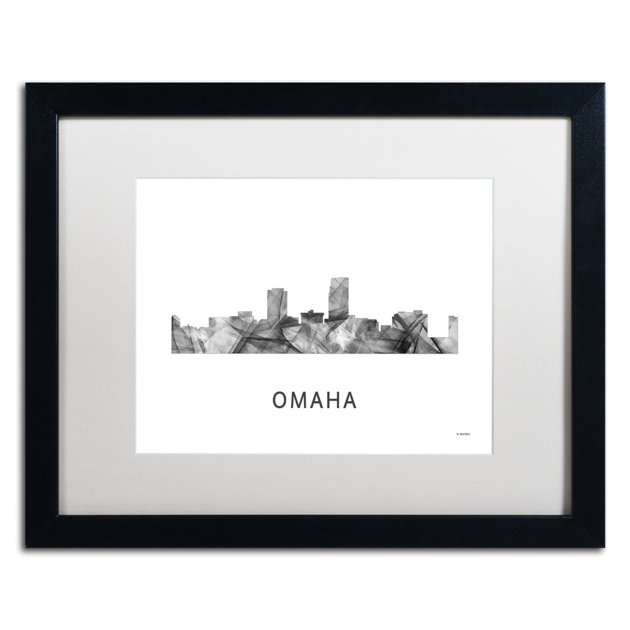 Marlene Watson 'Omaha Nebraska Skyline WB-BW' Black Wooden Framed Art 18 X 22 Inches