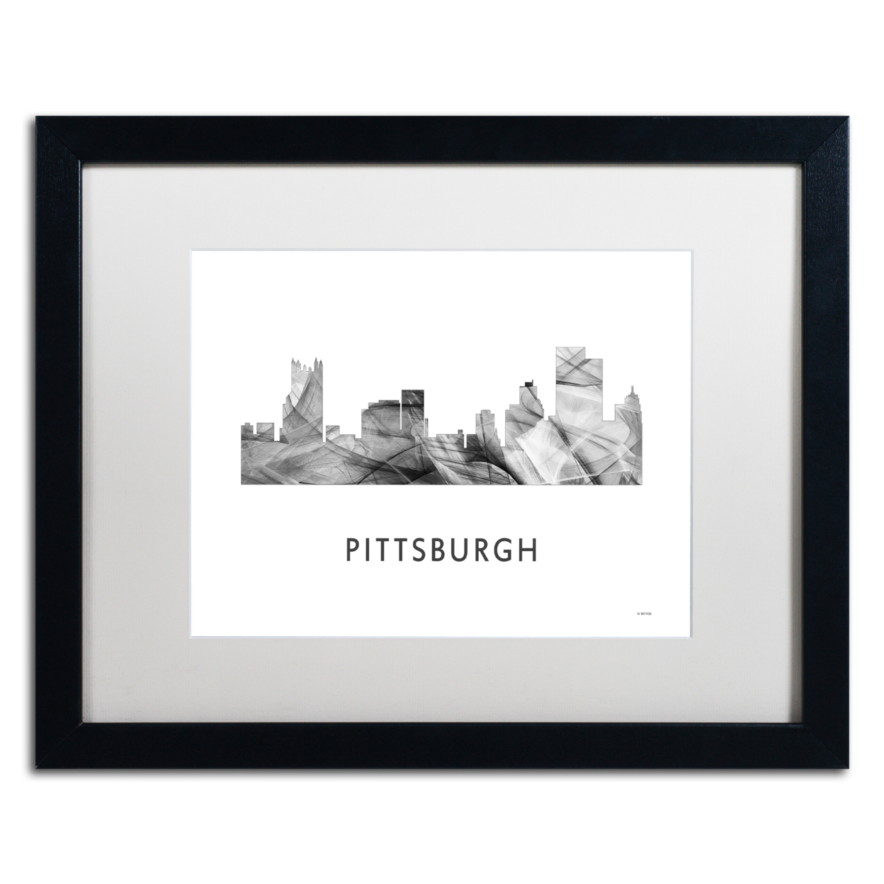 Marlene Watson 'Pittsburgh PA Skyline WB-BW' Black Wooden Framed Art 18 X 22 Inches