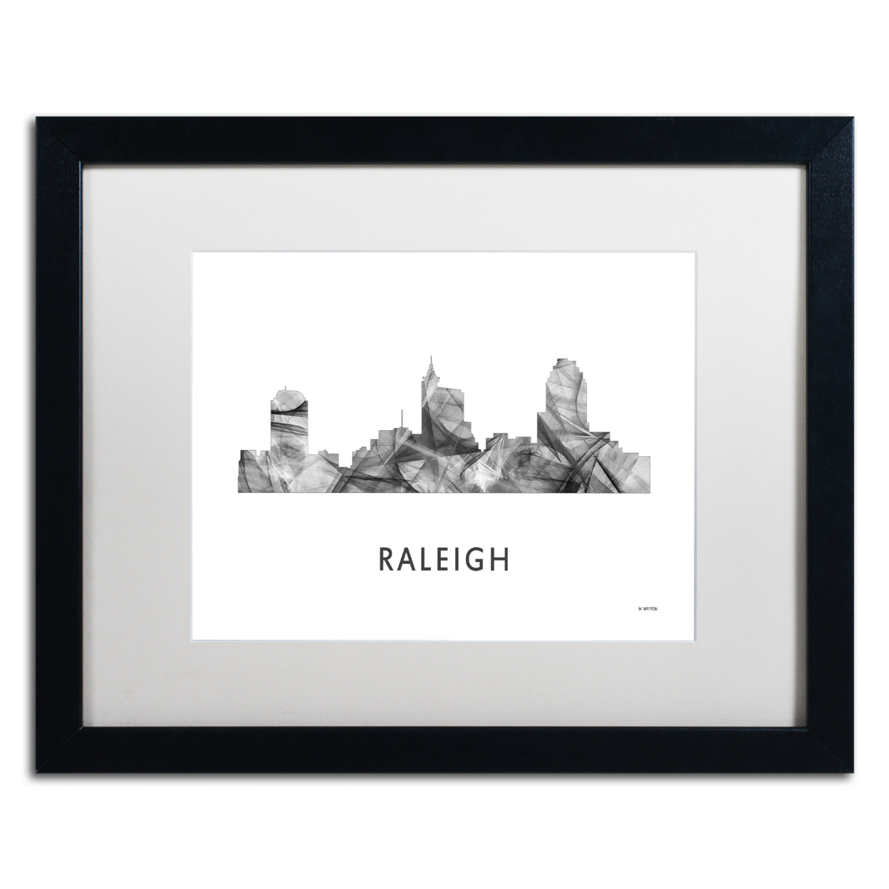 Marlene Watson 'Raleigh NC Skyline WB-BW' Black Wooden Framed Art 18 X 22 Inches