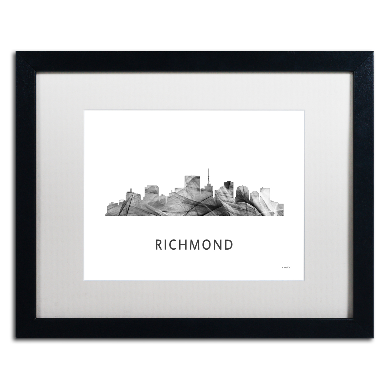 Marlene Watson 'Richmond Virginia Skyline WB-BW' Black Wooden Framed Art 18 X 22 Inches
