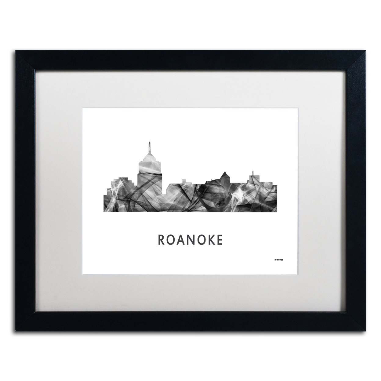 Marlene Watson 'Roanoke Virginia Skyline WB-BW' Black Wooden Framed Art 18 X 22 Inches