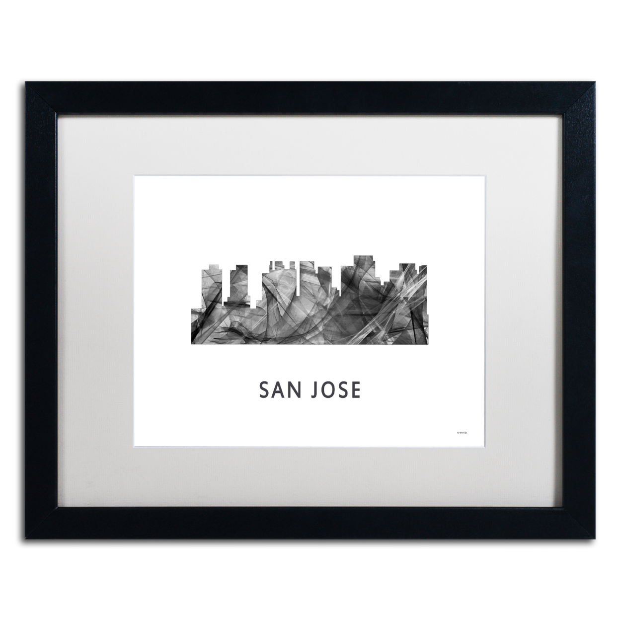 Marlene Watson 'San Jose California Skyline WB-BW' Black Wooden Framed Art 18 X 22 Inches