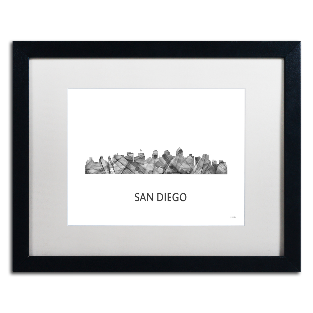 Marlene Watson 'San Diego California Skyline WB-BW' Black Wooden Framed Art 18 X 22 Inches