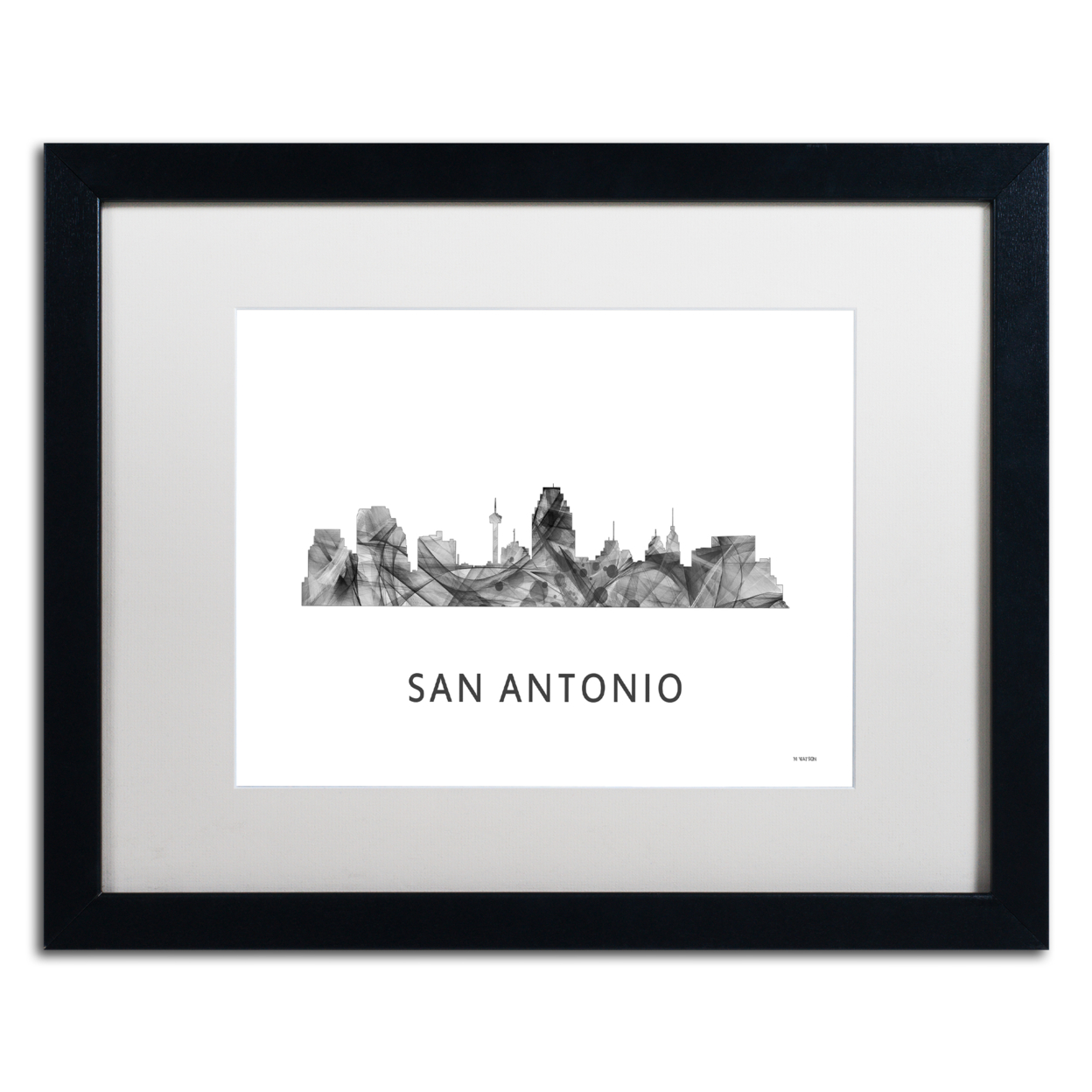 Marlene Watson 'San Antonio Texas Skyline WB-BW' Black Wooden Framed Art 18 X 22 Inches