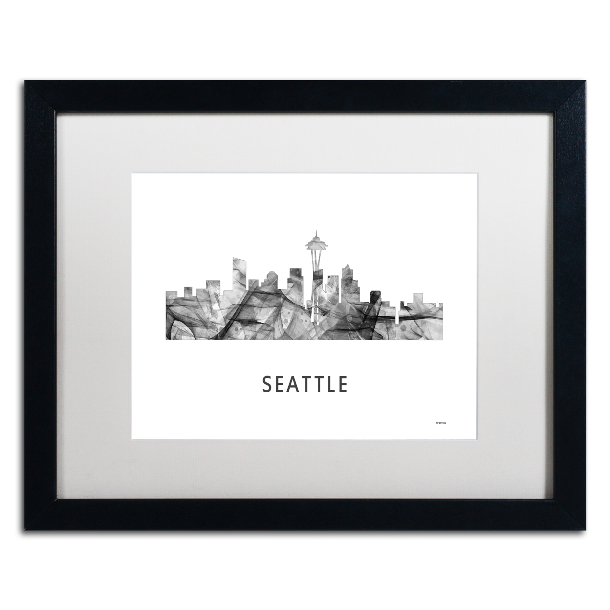 Marlene Watson 'Seattle Washington Skyline WB-BW' Black Wooden Framed Art 18 X 22 Inches