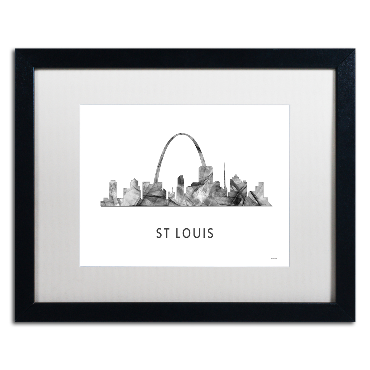 Marlene Watson 'St Louis Missouri Skyline WB-BW' Black Wooden Framed Art 18 X 22 Inches